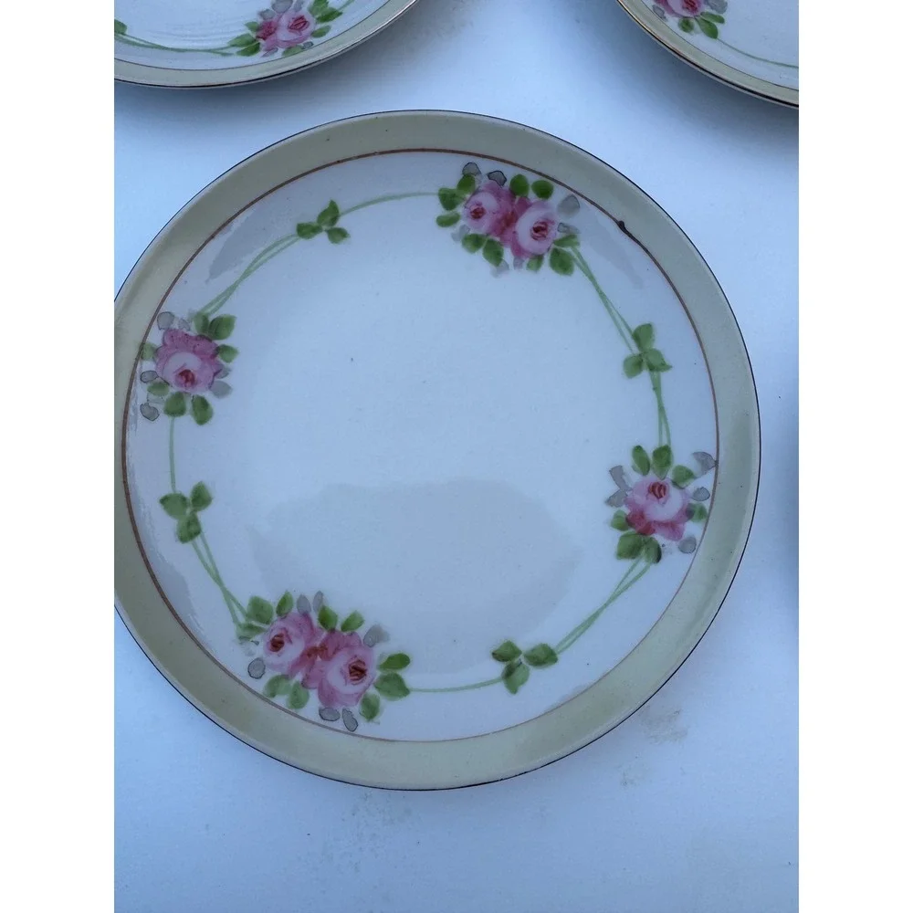 Vintage Nippon Hand Painted Pink Rose Wreath Porcelain Plates Set of 5 Japan